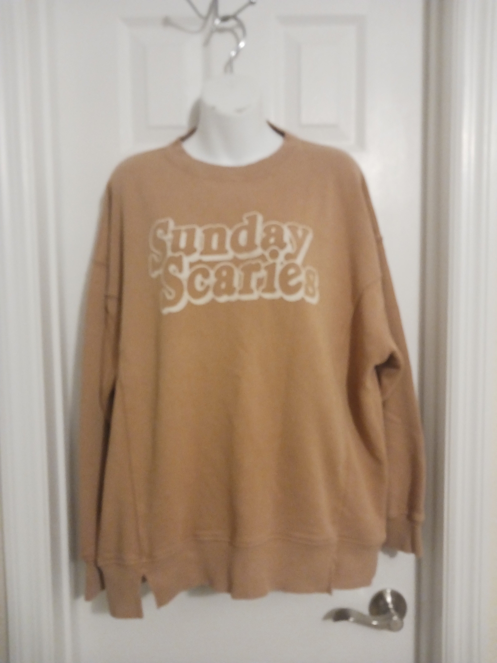 aerie Womens Crewneck Sweatshirt with Sunday ScariesGraphic in Tan Oversized Sm